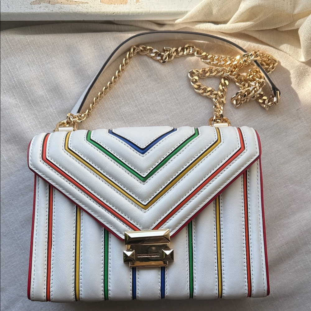 Michael Kors White Chevron Crossbody Bag with Gold Chain